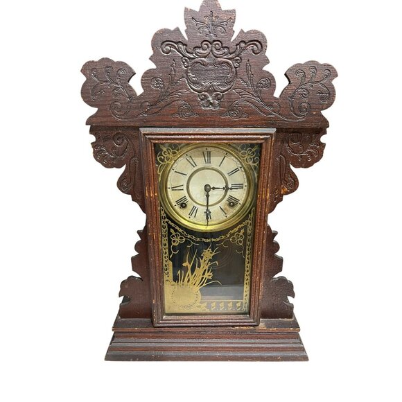 Antique Sessions Gingerbread Wooden Mantel Clock With Ornate Design & Glass Disp - Picture 1 of 7